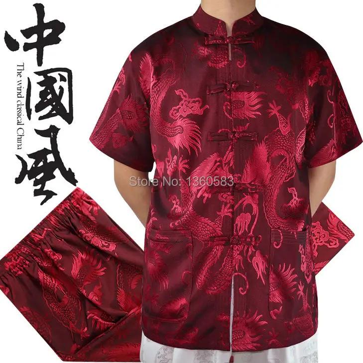 

Chinese Men Tang Suit Dragon Phoenix Print Mandarin Collar Red Shirts Set Pant Suits Large Size Short Sleeve Kung Fu Suit