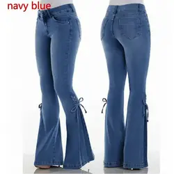 2019 новые весенние женские синие расширенные книзу, со средней талией брюки-клёш женские сексуальные джинсы стрейч модные широкие