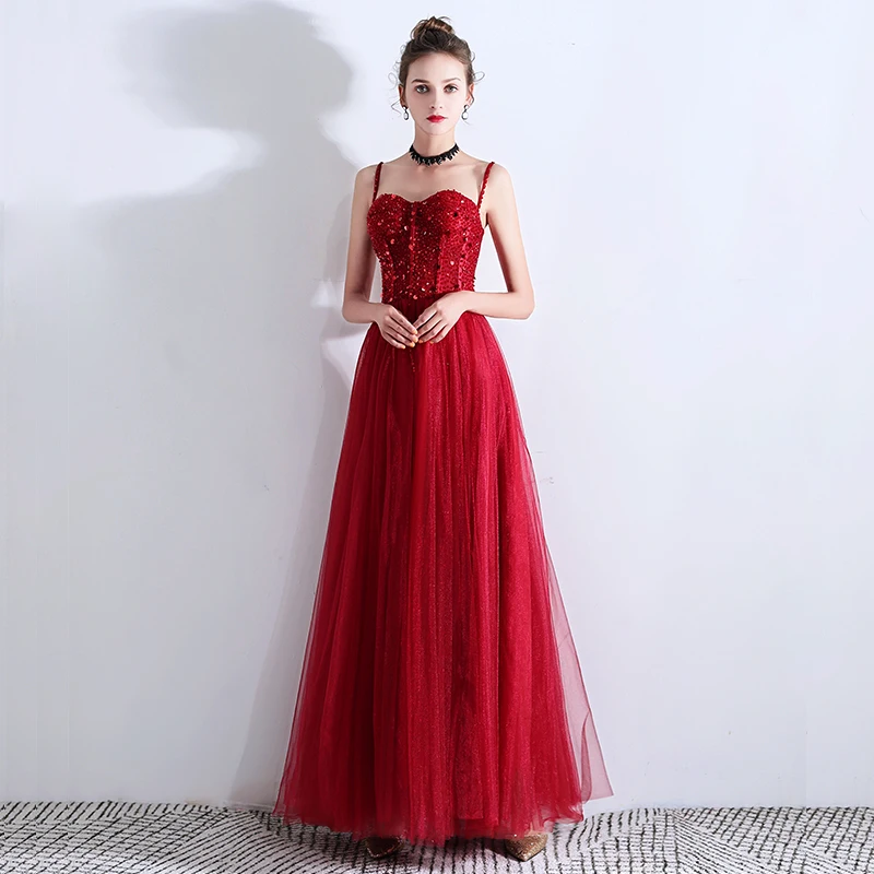Женское вечернее платье SSYFashion роскошное банкетное бордового цвета с блестками и