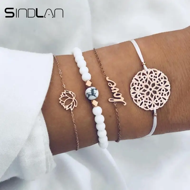 

Sindlan 4PCs Love Letter Rhinestone Bead Bracelets Set Ethnic Lotus Charm Simple Wrist Chain Bangles Bracelets Women Jewelry
