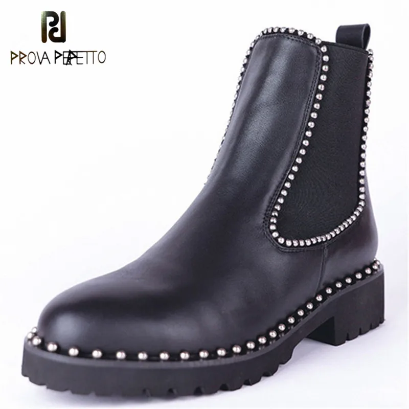 

Prova Perfetto Rivet Metal Beading Short Boots Slip on Elastic Women Ankle Boots Round Toe Flat Causal Shoes Woman Booties Mujer