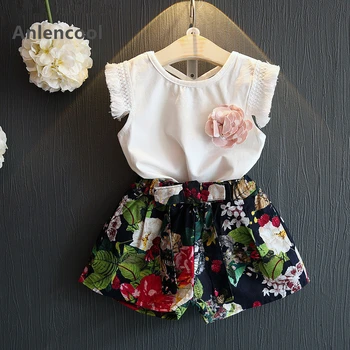 

Anlencool Girls Clothes Summer Style Girl Clothing Sets Sleeveless Tassel White T-shirt+Floral Print Shorts 2Pcs Suits
