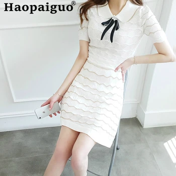 

2019 Summer Two Pieces Set Turn-down Collar Knitted Blouse and Striped Mini Skirt Women Casual 2 Pieces Set Office Ladies Suit