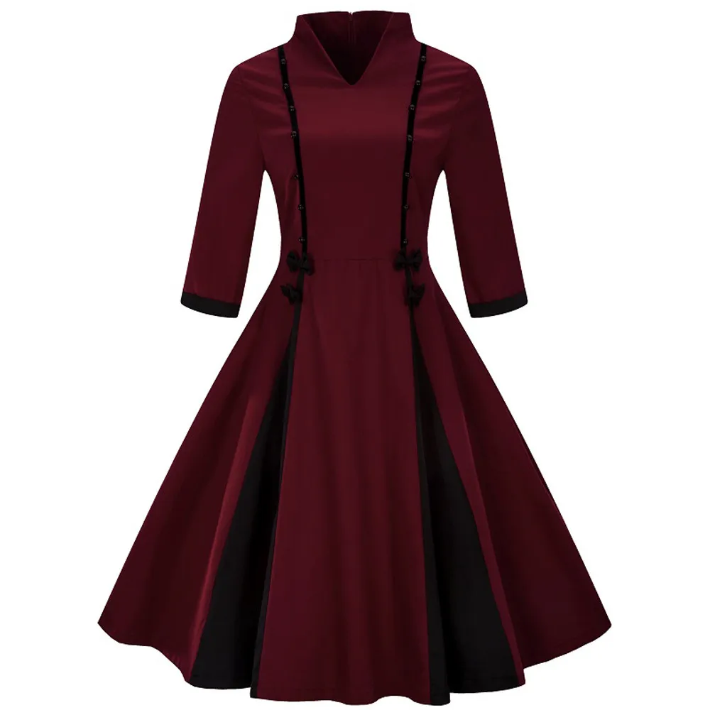 SAGACE Fashion Women Plus Size Half Sleeve Vintage Dress Solid Bow Retro Flare Dress Solid Mandarin Collar party Dress July 17