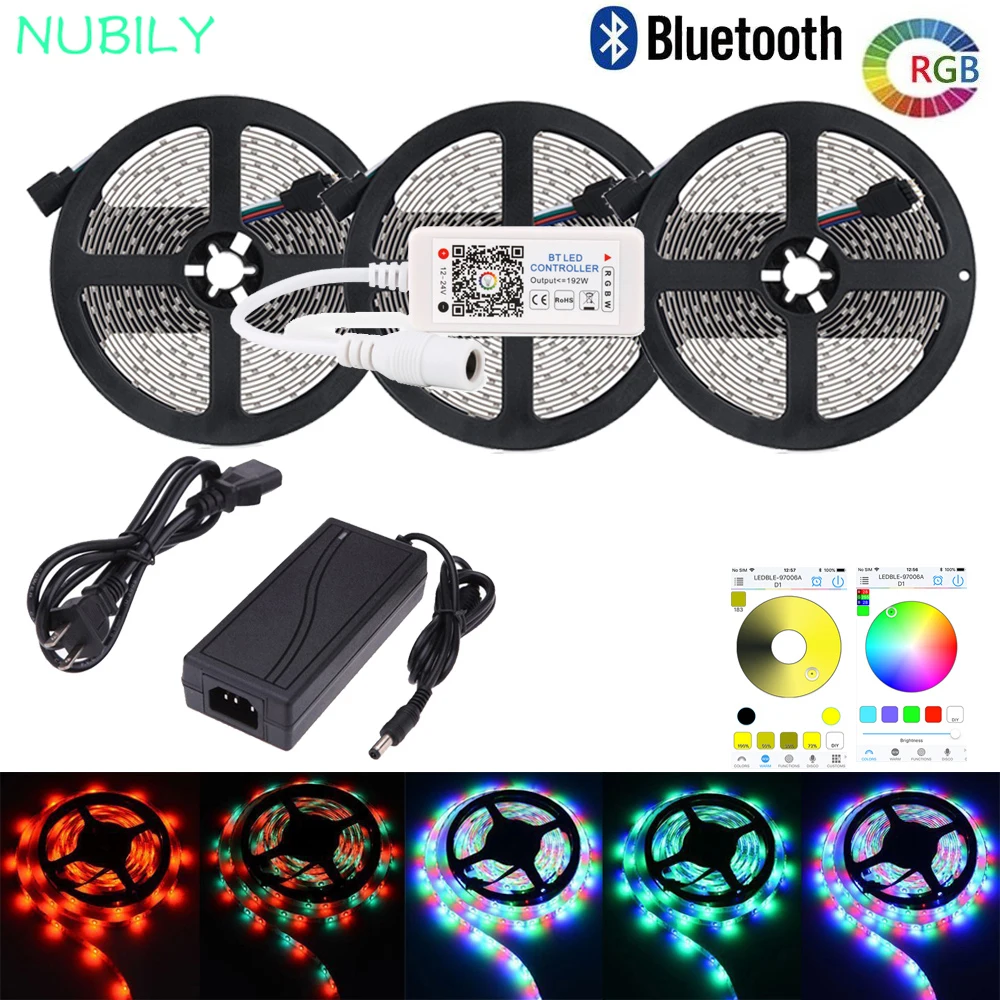 Светодиодная лента с Bluetooth, RGB, водонепроницаемая, 10 м, 15 м, 2835 RGB, светодиодный Канатный светильник, звуковая музыка, фоновый светильник, умный светодиодный контроллер, адаптер 12 В