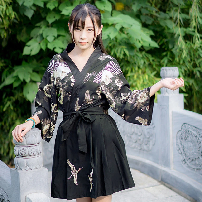 

Girl Crane Kimono Dress Women Japanese Style Cardigan Haori Skirts Suit Zephyr Retro Party Yukata Fashion Fancy Clothing Asian
