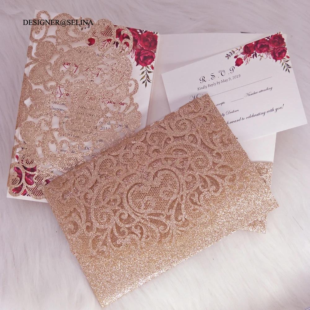 

Luxurious Rose Gold Sweetheart Floral Laser Cut Wedding Invites with Personalized Printing Glitter Invitations For Parties