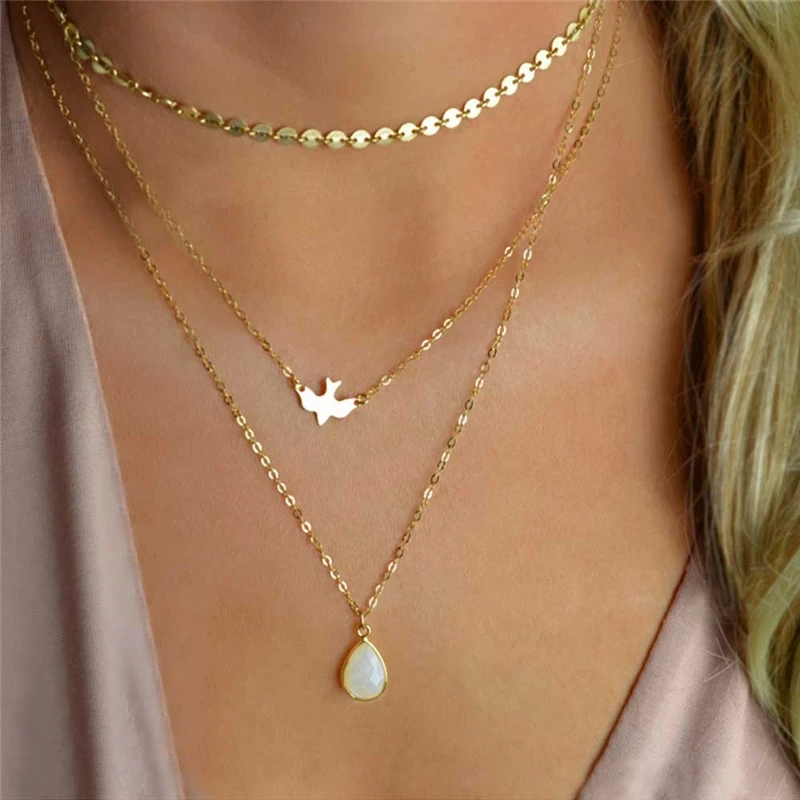 

ZN 2018 Chokers Necklaces For Women 3 Layers Crystal Sequins Chain Pigeon Bird Water Drop Pendant Multilayer Necklace Female