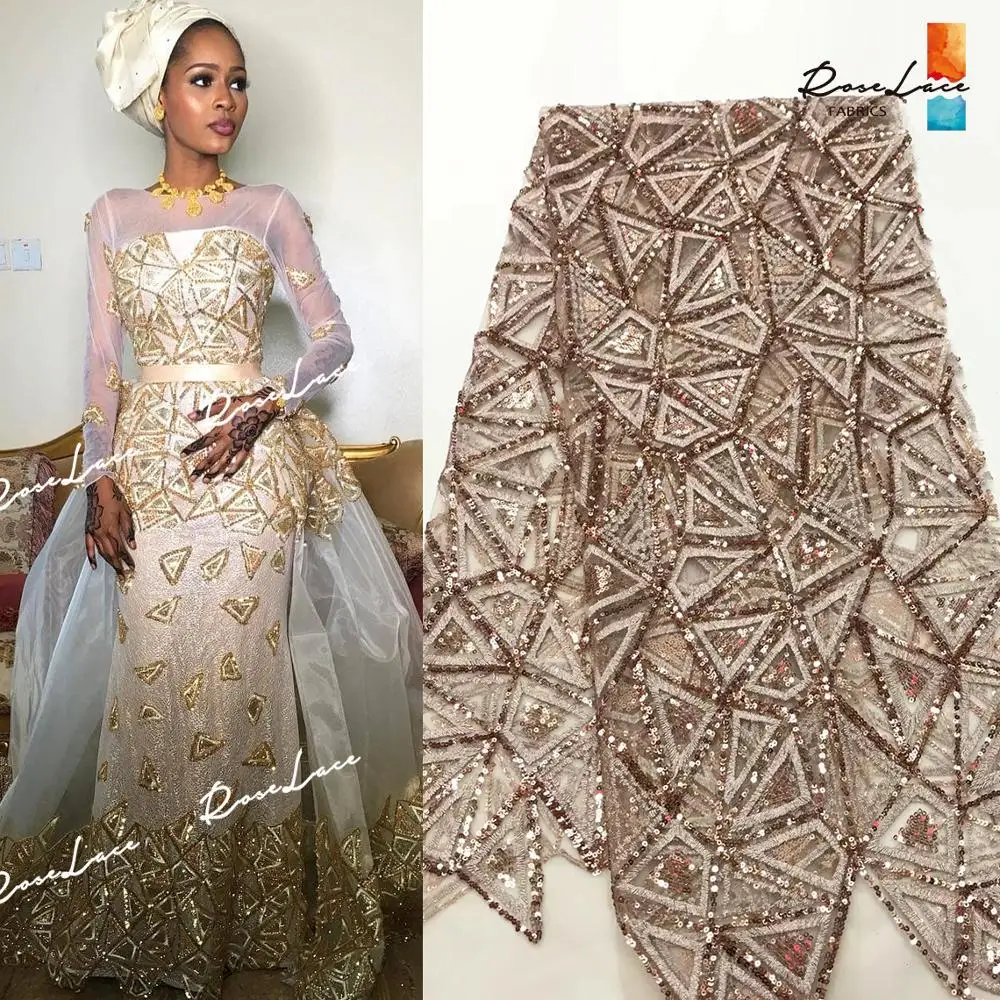 

Unique Design African Sequins Net Lace Fabric 2K19 Prom Dresses Sewing Material Gold Color Sequined Embroidered Mesh Tulle Laces