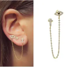 925 пробы серебряные серьги-гвоздики для пирсинга, cz Крест, сглаза, Длинные Изящные цепочки, кисточка, Классический милый крест, сглаза, серьги-гвоздики 925