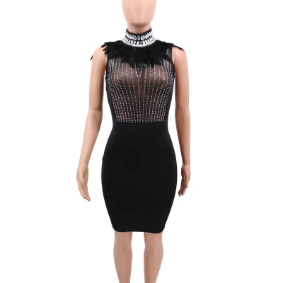 Перо стразы сексуальное платье bodycon женские элегантные черные вечерние платья