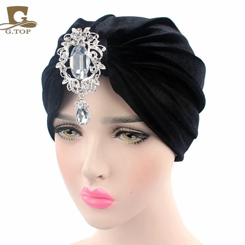 New velvet Turban detachable diamante pendant brooch head wrap christmas party glitter hat wedding