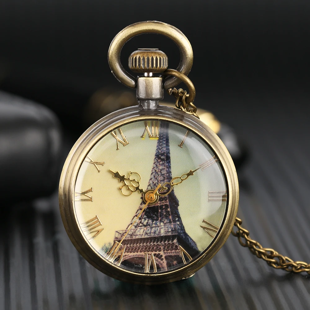 YISUYA Antique Eiffel Tower Dial Pocket Watch Men Theme Fashion Pocketwatch Kid Gift Skull Punk Open Face Quartz Watch Best Gift (7)
