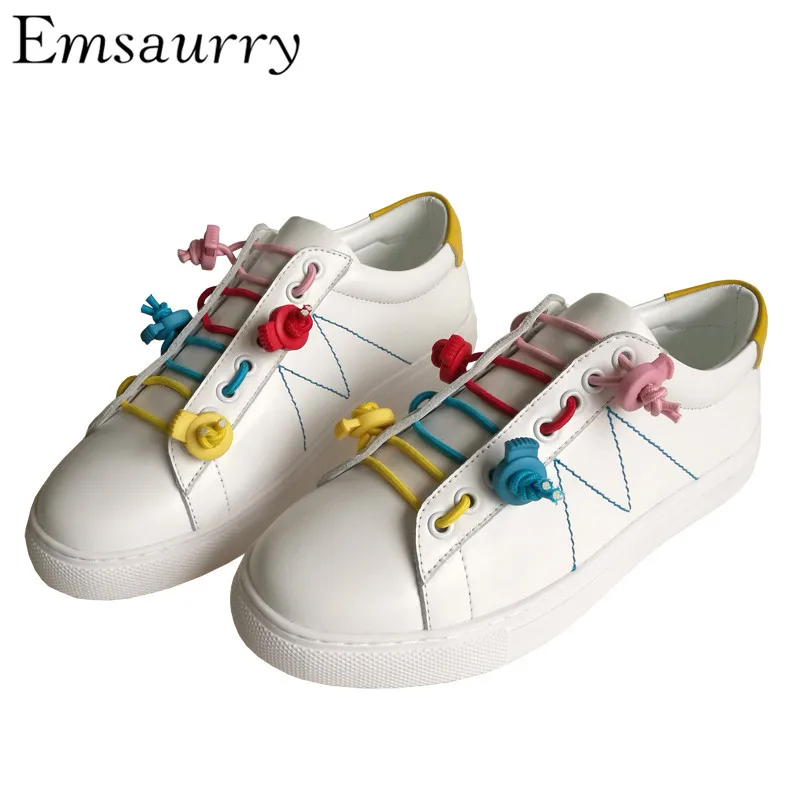 

Colorful Lace Up White Shoes Woman New Spring 2019 Real Leather Casual Shoes Round Toe Flats Mixed Color Women Shoes