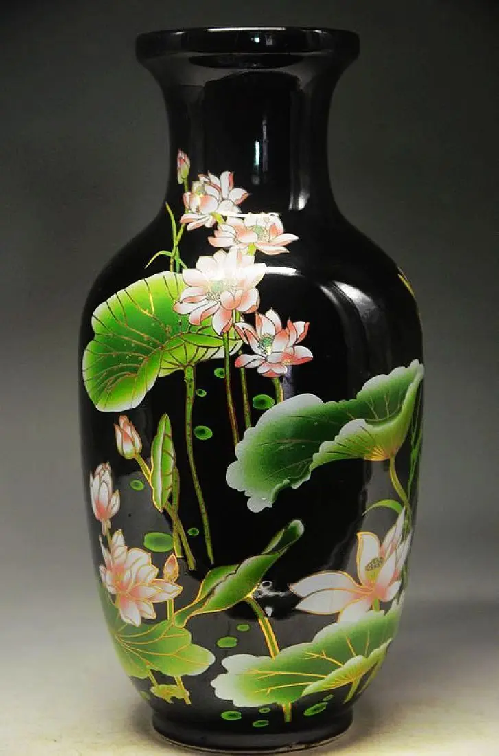 Black and elegant porcelain Chinese old hand painted lotus vasein