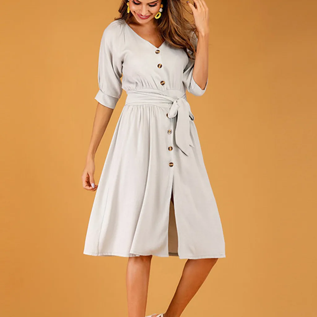 

2019 Women Summer Boho V Neck Half Sleeve Button Bandage Casual Beach Dress Vestido estampado dama Wd4