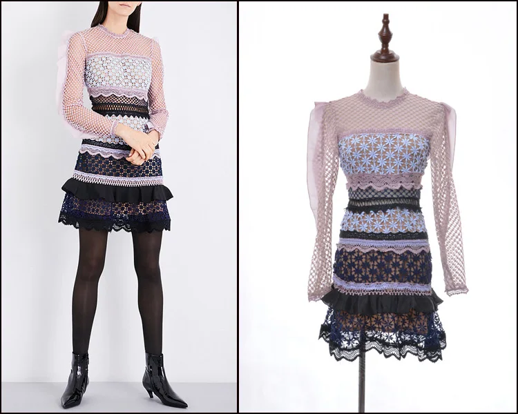 

2019 Summer Autumn Women Vintage Lace Runway Dress Female O-neck Butterfly Sleeve Hollow Out Mini Dress Vestdios