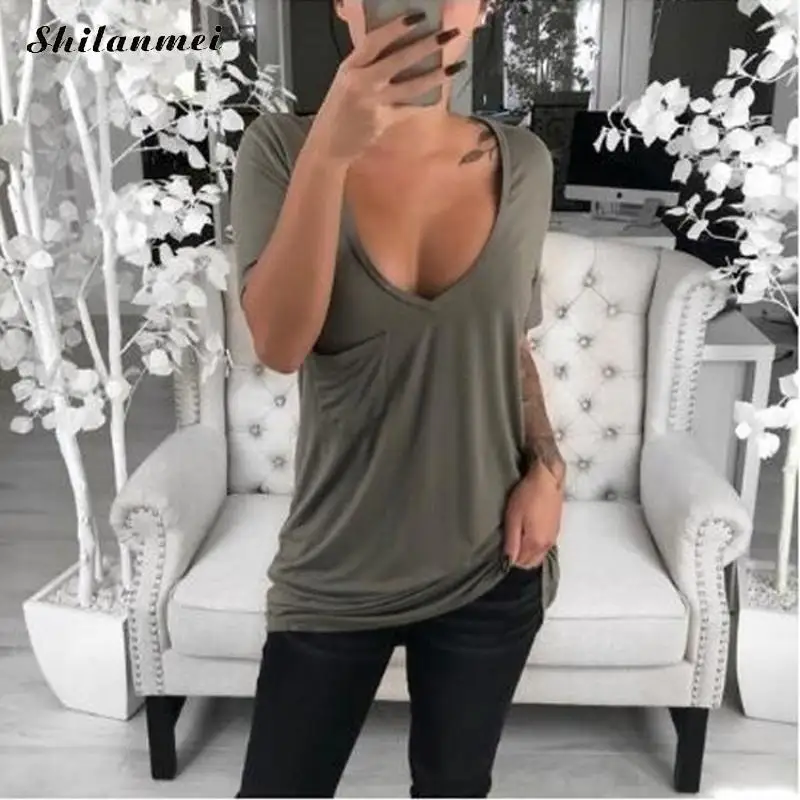 Плюс Размеры 5XL 4XL футболка Для женщин 2019 Sexy Глубокий V шеи летняя повседневная Femme