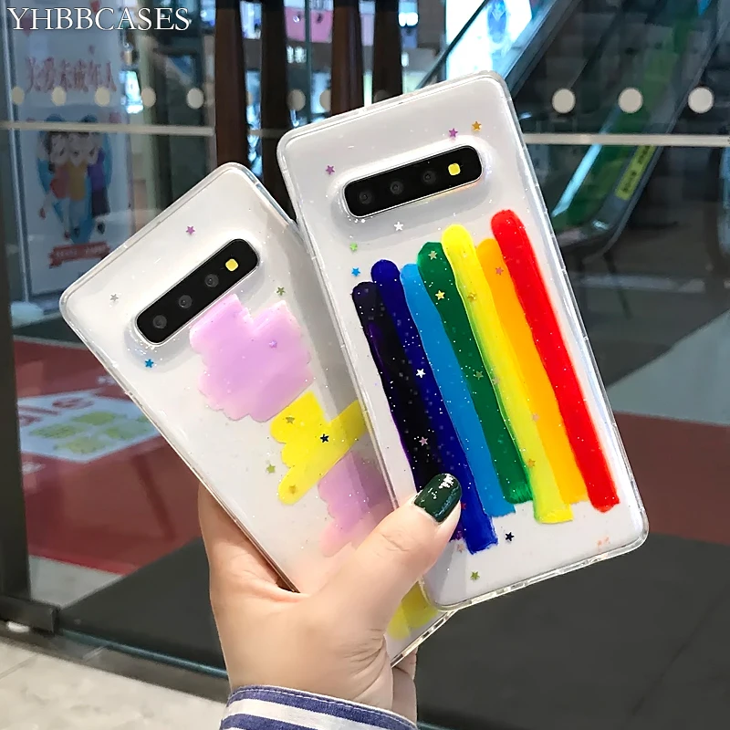 

YHBBCASES Fashion Rainbow Clear TPU Soft Cases For Samsung Galaxy S8 S9 S10 Plus Bling Sequins Stars Cover For Samsung Note 8 9