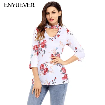 

Enyuever Casual T Shirts Tshirts Summer 2019 White Blue Floral Print 3/4 Sleeve Turtleneck T-shirt Tee Shirts Femme Womens Tops