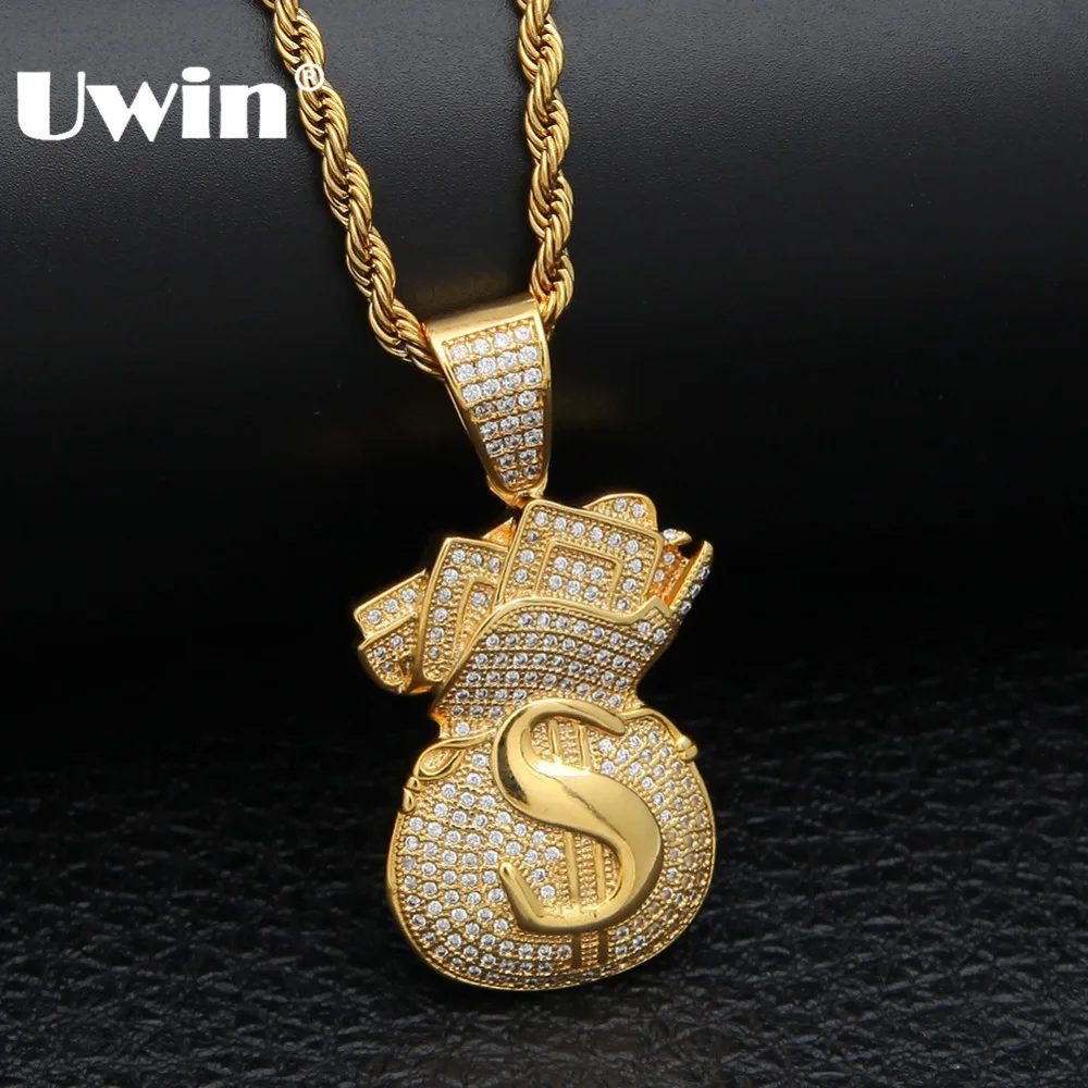 Uwin US Money Bag Necklace Pendant Full Bling Cubic Zirconia Iced Out