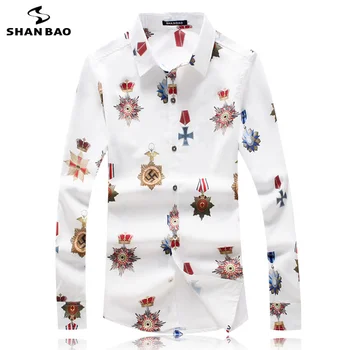 

SHANBAO spring new fashion white black men's long-sleeved shirt luxury high quality badge pattern banquet wedding slim shirt