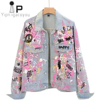 Осенняя джинсовая куртка Женская Базовая верхняя одежда Большие размеры вымытые винтажные джинсы с рисунком «граффити» куртка женская джинсовая куртка короткая уличная