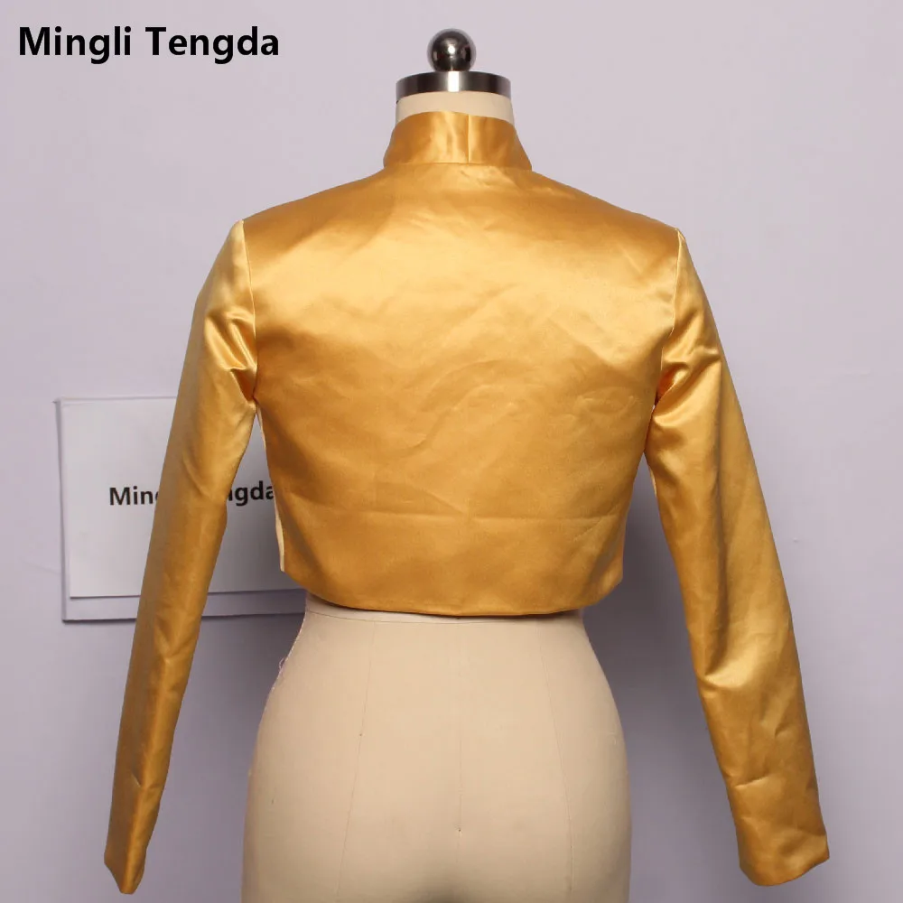 Золотая атласная Свадебная куртка Mingli Tengda Свадебные накидки Болеро женская