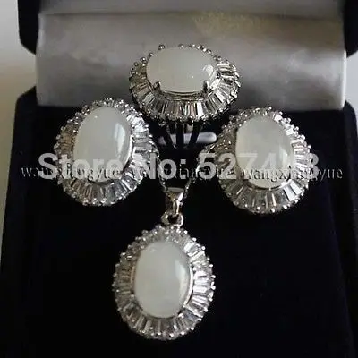 

free shipping>>> Wholesale Natural White Jade Earrings /Ring / Necklace Pendant Set 18" (A0511)