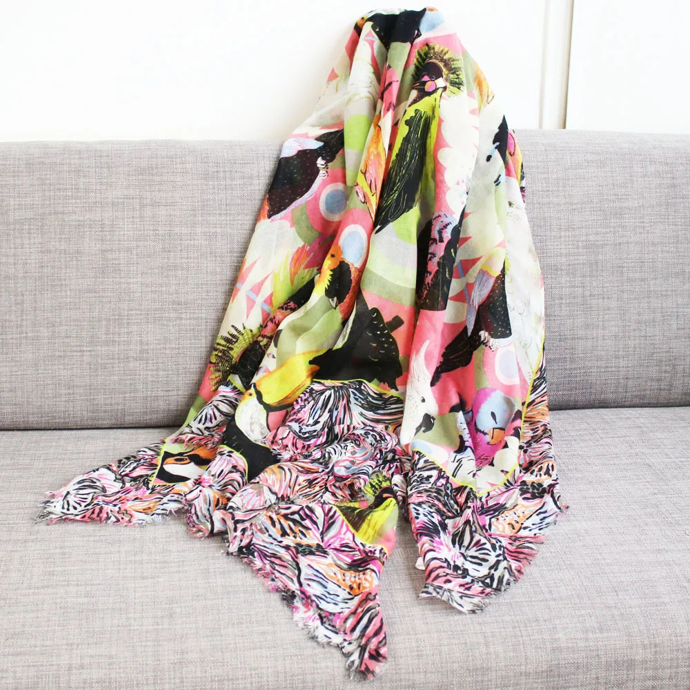 

Wholesale bright color light weight big square shawl birds print scarf