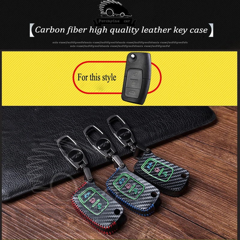 Carbon fiber Leather Noctilucent Remote Car Key Case Cover for Ford