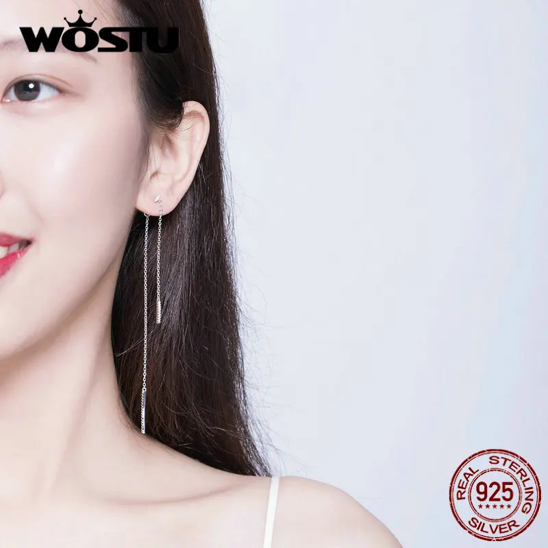 WOSTU подлинные 925 пробы серебряные серьги-подвески с кисточками, простые яркие серьги с фианитами для женщин, подарок на свадьбу, DAE186