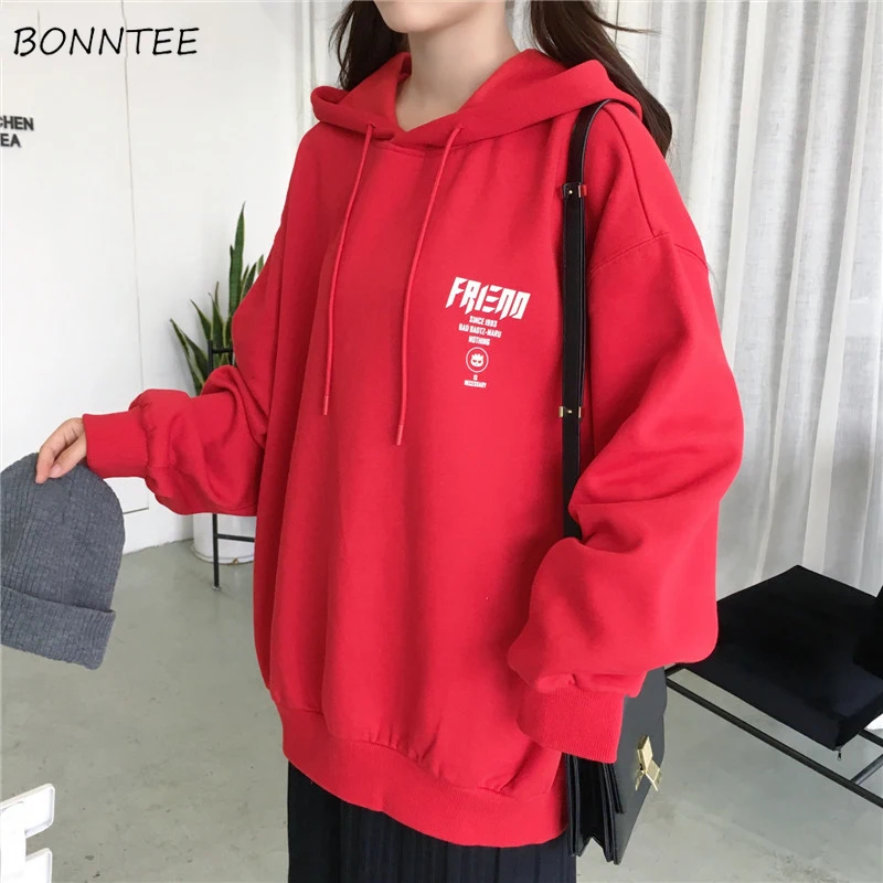 

Hoodies Women Trendy Ulzzang Long Sleeve Korean Style Womens Students Loose Letter Printed Plus Velvet Thicker Sweatshirt Hooded