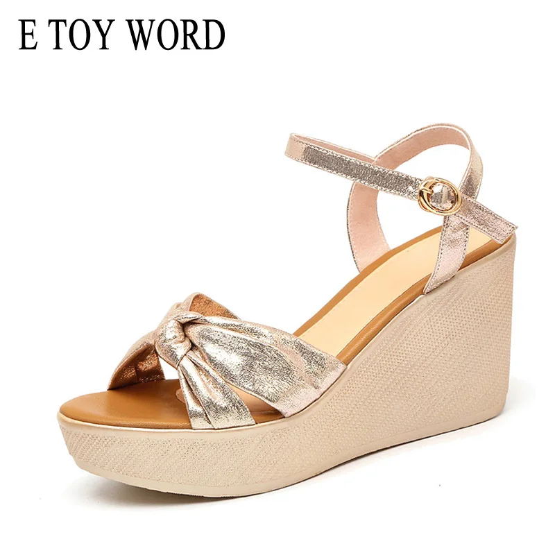 

E TOY WORD Wedge Platform Women Sandals Fashion Quality Comfortable Ankle Strap Flat Sandals Gold Female High Heels Size 34-43