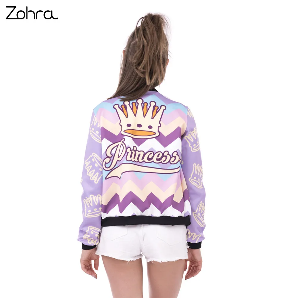 Zohra New Spring Women Bomber Jacket Princess Zyg Zag Printing Jaqueta Feminina Fashion Sexy Slim Basic Jacket for Woman