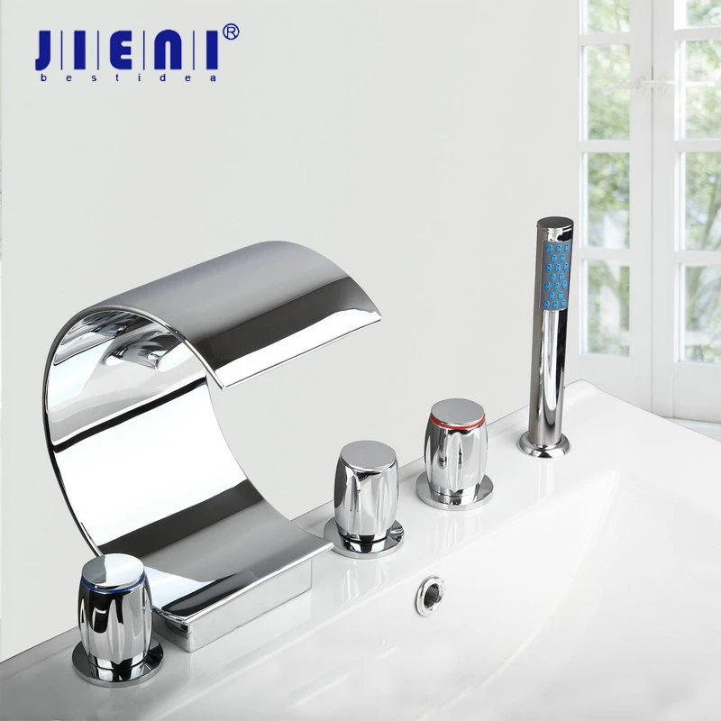 JIENI Solid Brass 5 Pcs Waterfall Gutter Bathroom Bathtub Faucet Set