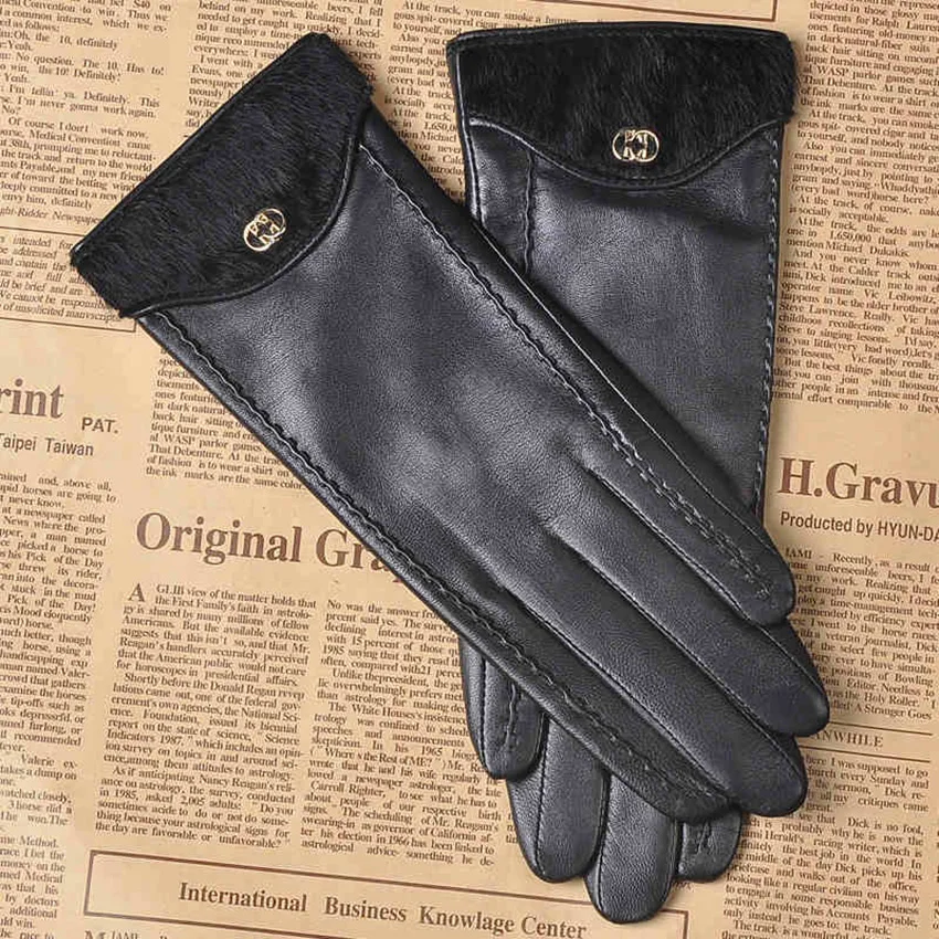 Top Fashion Goatskin Solid Genuine Leather Gloves Women Wrist Fur Adornment Winter Sheepskin Glove Fleece Lining Limited L148NQ