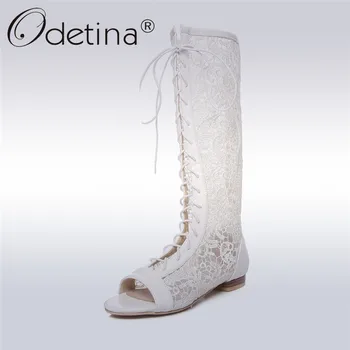 

Odetina 2019 New Fashion Sweet Lace Summer Boots Gladiators Women Soft Low Heels Open Toe Lace-up Rome Sandals Shoes Big Size 48