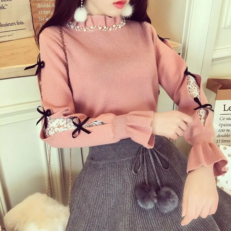 Japanese style sweet cute women off shoulder sweater slash V neck knitted ruffle sweaters pullovers high waisted ladies jumpers