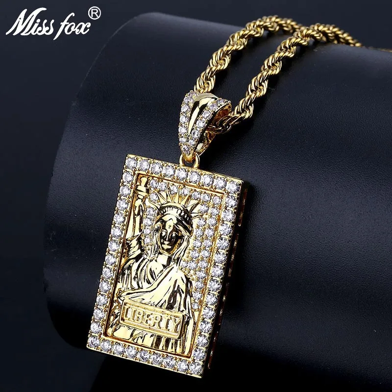 

MISSFOX Hip Hop Statue Of Liberty Painting Pendant Necklace 24K Gold Plated AAA Cubic Zirconia Native American Fashion Jewelry