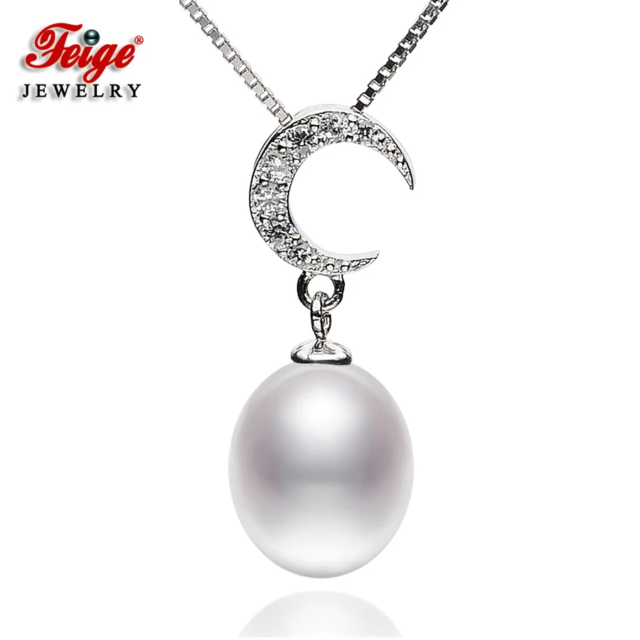 

Moon-shaped Pearl Pendant Necklaces For Women's 8-9mm Rice Natural Pearls 100% Real 925 Silver Chain Pearl Fine Jewelry