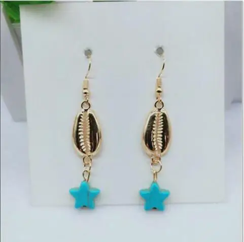 E 1226 Новый список Jinhe sea shell длинные синие пятиконечные серьги со звездой женские
