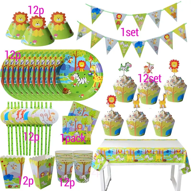 Jungle Birthday Party Decoration Disposable Tableware Set Jungle Animal Forest Friends Zoo Theme Supplies Baby Shower Safari 