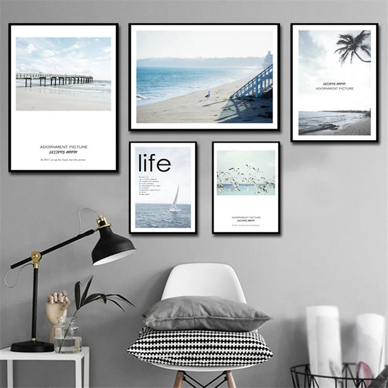 HAOCHU Home Hotel Mural Canvas Decoration Painting Nordic Modern Ocean Beach Seabird Landscape English Letters Wall Art Poster | Дом и сад