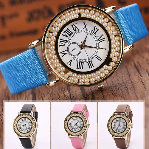 

Hot Sales Luxury Women Artificial Pearls Roman Number Wristwatch Faux Leather Dress Watch SMT25