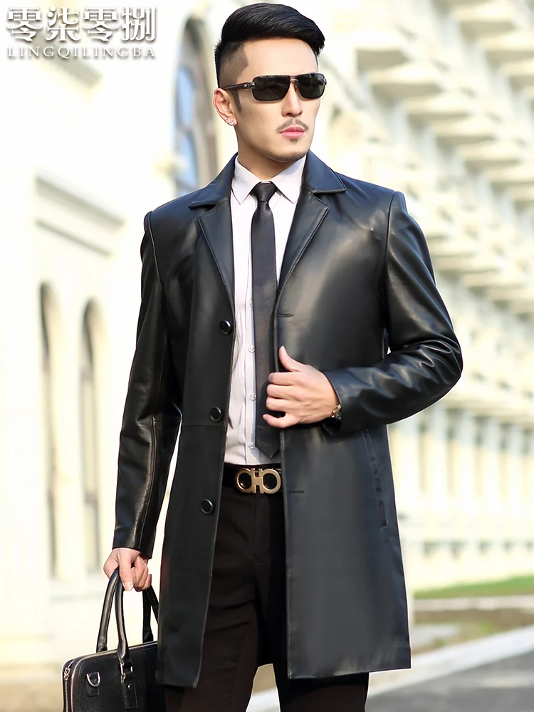 

2019 Mens Genuine Leather Jacket Long Sheepskin Coat for Men Slim Fit Autumn Windbreaker Blazer Collar Jackets 7502 KJ2179
