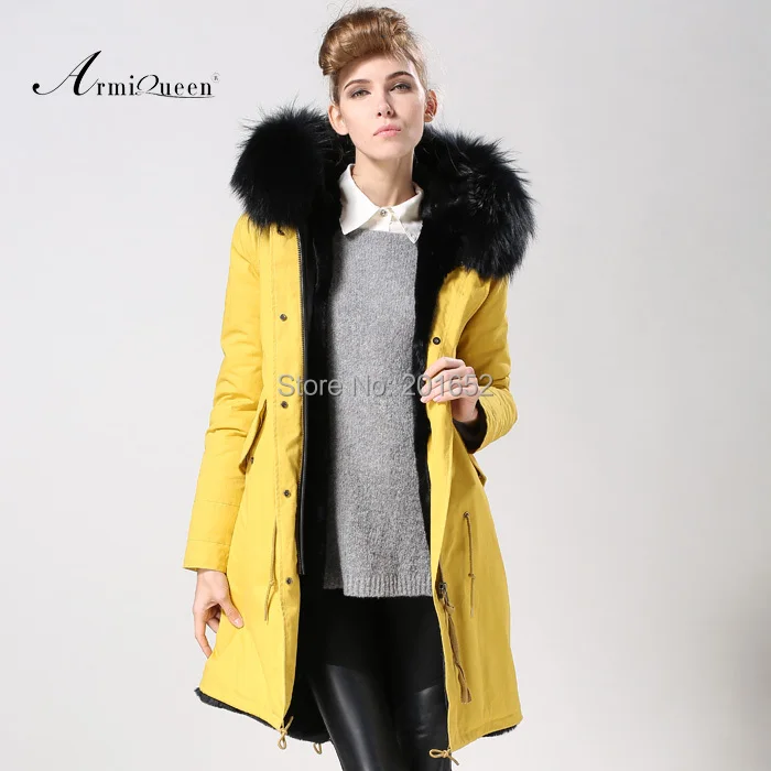 Best Offers 2015 free shipping Winter Women Parka Outerwear Yellow Jacket With Large raccoon Fur Collar Plus Size S - XXXL fur Long Coat mr