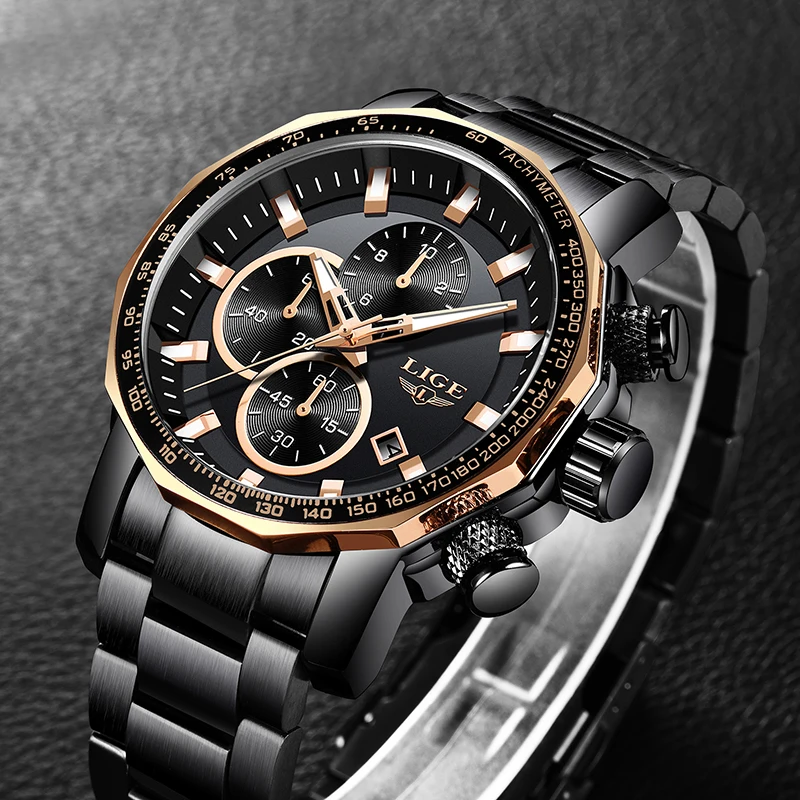 LIGE nuevos relojes para hombre de marca superior de lujo reloj de cuarzo cronógrafo deportivo de acero completo resistente al agua reloj de esfera grande para hombre - 3