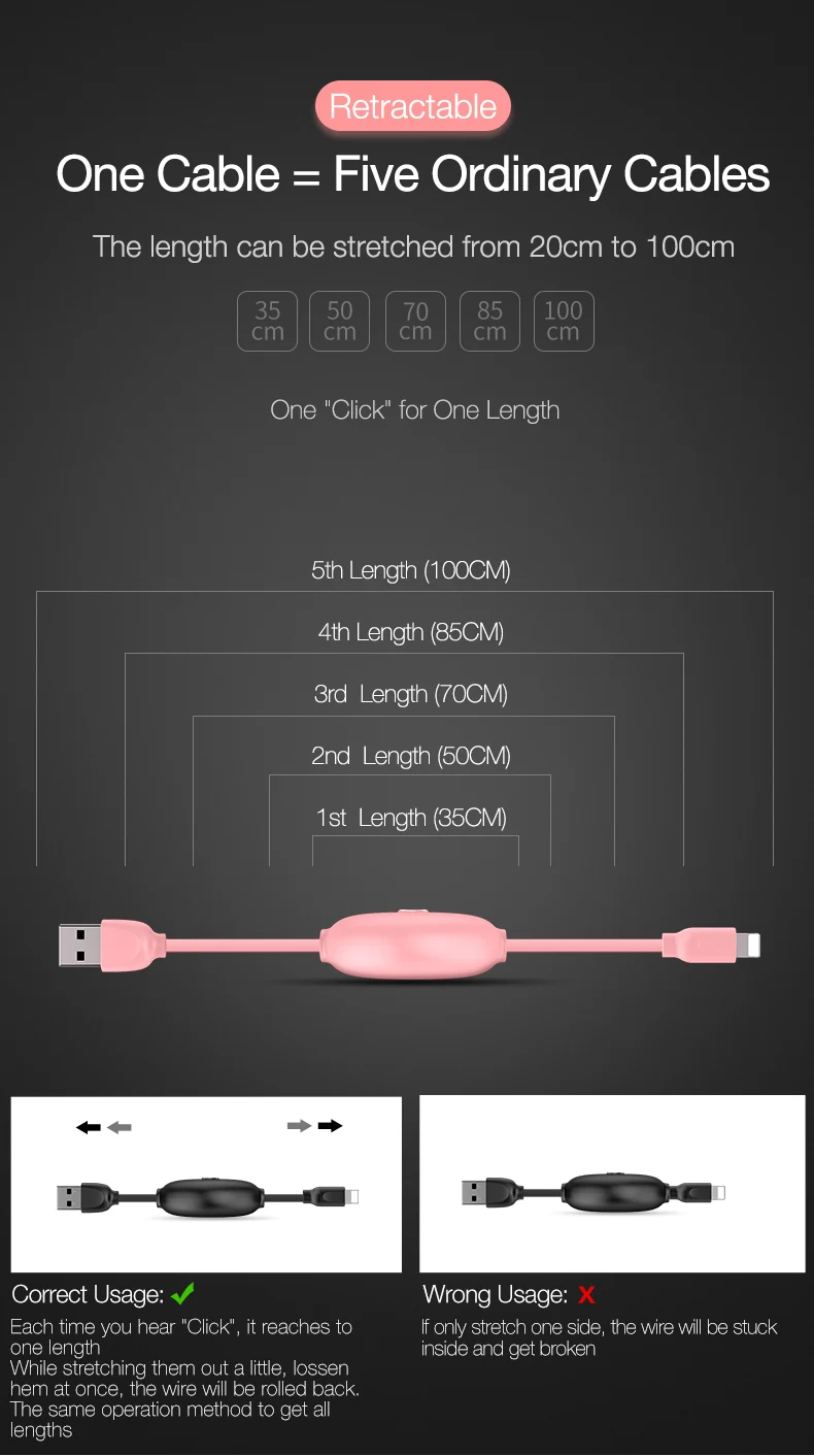 Выдвижной usb-кабель CAFELE для iphone X, XS, MAX, XR, 8, 7, 6 Plus, милый мини-кабель, ультра-светильник, портативный usb-кабель для зарядки и передачи данных