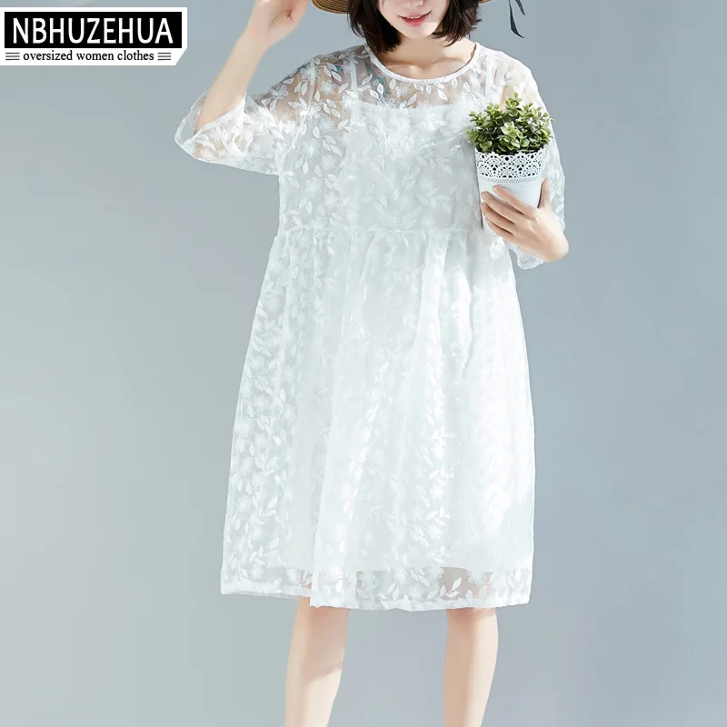 

NBHUZEHUA Woman Dress 2019 Summer Plus Size White Flower Embroidery Lace Dress Women Elegant A-Line Two Piece Dress 19-D50